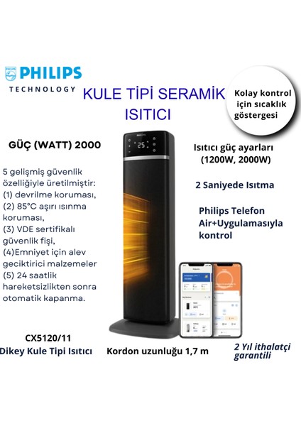5000 Serisi 2000 Watt Akıllı Kule Tipi Seramik Isıtıcı CX5120/11 Iki Saniyede Hızlı Isıtma