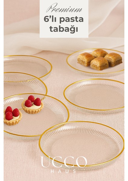 6 Adet Sensu Premium Gold Cam Lüks 19CM Pasta Tabağı Seti | Çay Saati Kahve Yanı Sunumluk Tabak
