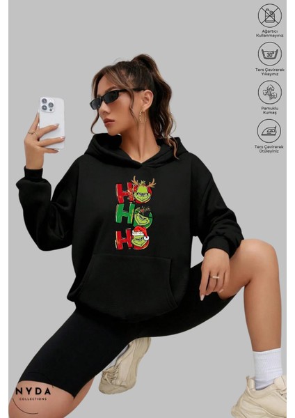 Oversize Penye Pamuk Unisex Hoodie Uzun Kollu Grinch Yılbaşı Baskılı Kapüşonlu Şardonlu Sweatshirt Nyda Collections
