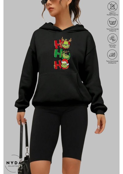 Oversize Penye Pamuk Unisex Hoodie Uzun Kollu Grinch Yılbaşı Baskılı Kapüşonlu Şardonlu Sweatshirt Nyda Collections fiyatları