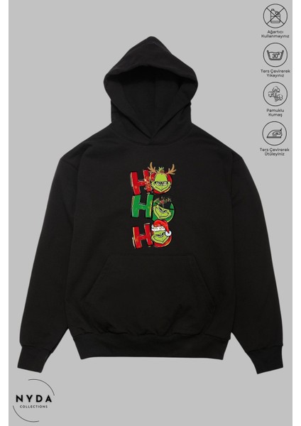 Oversize Penye Pamuk Unisex Hoodie Uzun Kollu Grinch Yılbaşı Baskılı Kapüşonlu Şardonlu Sweatshirt Nyda Collections indirimleri