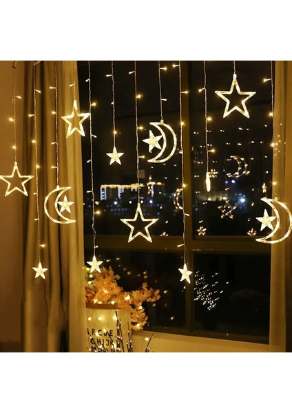 Hilal ve Yıldız Figürlü Perde Işık – 5m Fişli, 8 Modlu Dekor LED Seti Ay Yıldız Dekoratif Perde LED – 10 Saçaklı 8 Modlu Işıklandırma Seti
