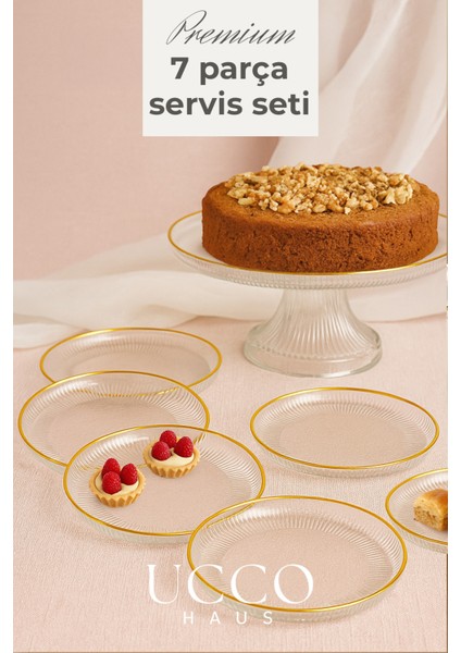 7 Parça Sensu Premium Lüks Gold Set (Ayaklı Cam Sunumluk & 6’lı Cam Tatlı Tabak Seti) Kek Standı
