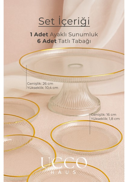 7 Parça Sensu Premium Lüks Gold Set (Ayaklı Cam Sunumluk & 6’lı Cam Tatlı Tabak Seti) Kek Standı fiyatları