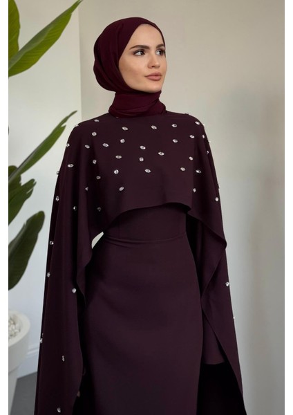 Serenya Pelerini Taşlı Abiye Mürdüm modelleri