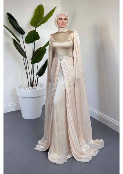 Loverna Taşlı Pelerinli Abiye Krem