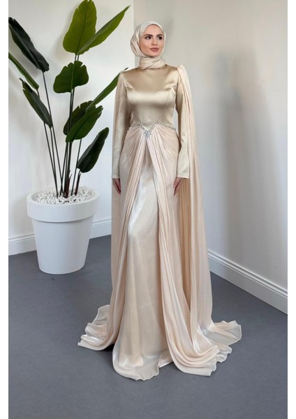 Loverna Taşlı Pelerinli Abiye Krem fiyatları