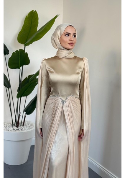 Loverna Taşlı Pelerinli Abiye Krem modelleri