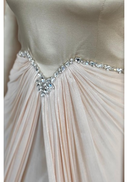 Loverna Taşlı Pelerinli Abiye Krem indirimleri