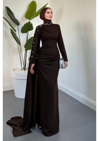 Feranya Yandan Taşlı Pelerinli Balık Abiye Kahverengi