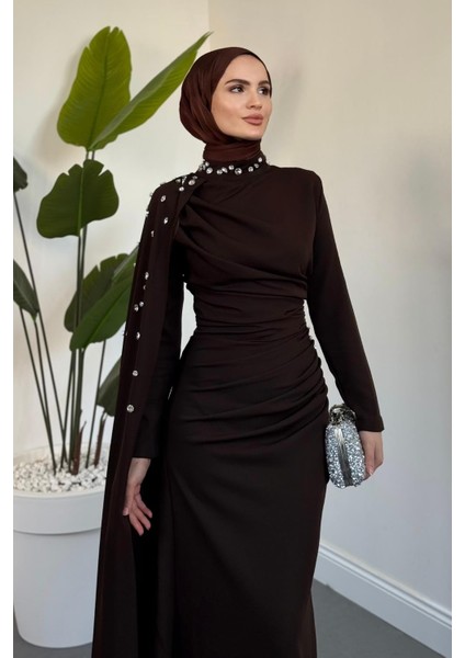 Feranya Yandan Taşlı Pelerinli Balık Abiye Kahverengi fiyatları