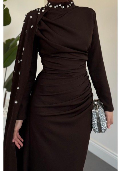 Feranya Yandan Taşlı Pelerinli Balık Abiye Kahverengi modelleri