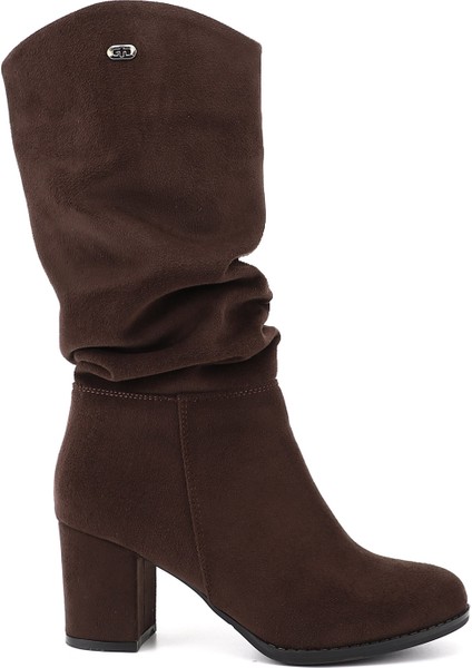 Kadın Koyu Kahve Süet Yuvarlak Burun Körüklü Kalın Topuklu Çizme