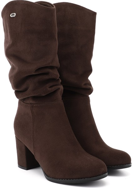 Kadın Koyu Kahve Süet Yuvarlak Burun Körüklü Kalın Topuklu Çizme modelleri