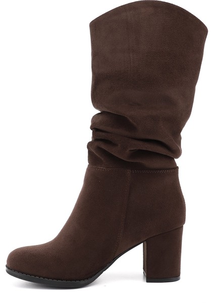 Kadın Koyu Kahve Süet Yuvarlak Burun Körüklü Kalın Topuklu Çizme fırsatları