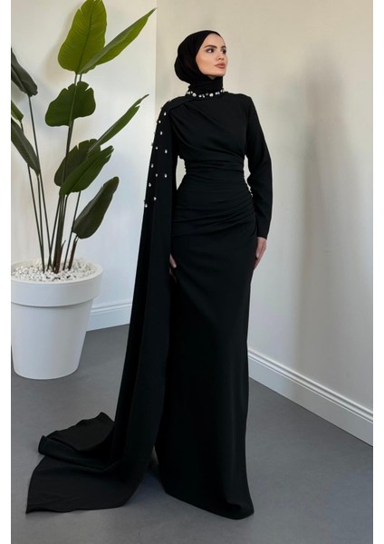 Feranya Yandan Taşlı Pelerinli Balık Abiye Siyah