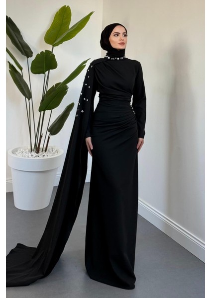Feranya Yandan Taşlı Pelerinli Balık Abiye Siyah fiyatları