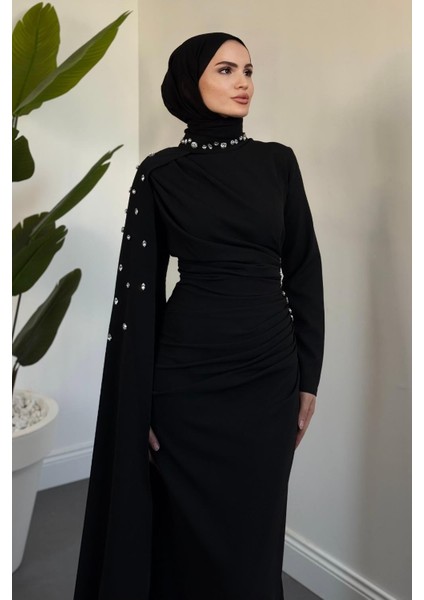 Feranya Yandan Taşlı Pelerinli Balık Abiye Siyah modelleri