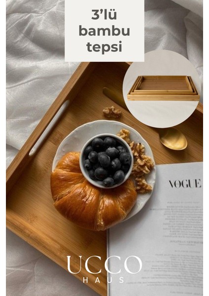 3’lü Bambu Tepsi Seti | Doğal Ahşap Servis Tepsisi | 40X28 -37X25 -33X22 cm | Şık ve Sağlıklı Sunum modelleri