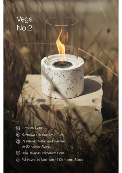 Lumi Vega No:2 – Masaüstü Bacasız Beton Şömine (Camlı) + 1 L Bioethanol Hediye