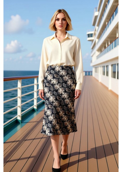 Kadın Yılan Desenli Dokuma Saten Midi Etek Fonksiyonel Dayanıklı Kaliteli Konforlu Estetik