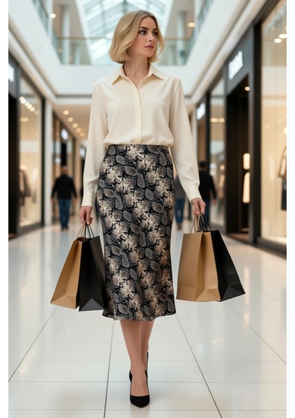 Kadın Yılan Desenli Dokuma Saten Midi Etek Fonksiyonel Dayanıklı Kaliteli Konforlu Estetik modelleri