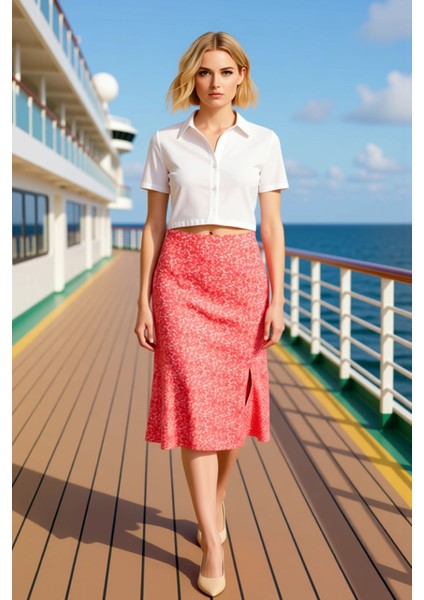 Kadın Çiçek Desenli Yırtmaçlı Midi Dokuma Etek Yüksek Bel A Kesim %100 Viskoz Fonksiyonel Şık