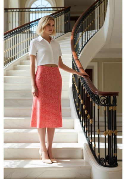 Kadın Çiçek Desenli Yırtmaçlı Midi Dokuma Etek Yüksek Bel A Kesim %100 Viskoz Fonksiyonel Şık fiyatları