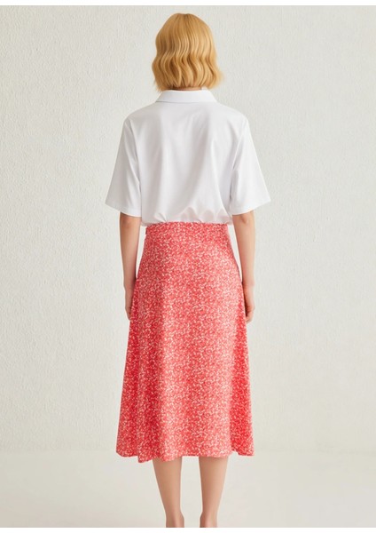 Kadın Çiçek Desenli Yırtmaçlı Midi Dokuma Etek Yüksek Bel A Kesim %100 Viskoz Fonksiyonel Şık indirimleri