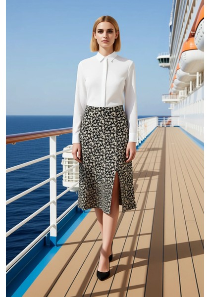 Kadın Çiçek Desenli Yırtmaçlı Midi Dokuma Etek Yüksek Bel A Kesim %100 Viskoz Fonksiyonel Şık