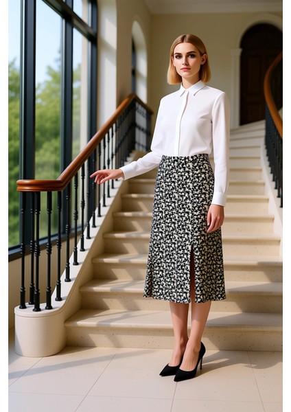 Kadın Çiçek Desenli Yırtmaçlı Midi Dokuma Etek Yüksek Bel A Kesim %100 Viskoz Fonksiyonel Şık fiyatları