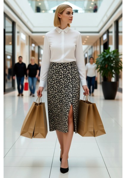 Kadın Çiçek Desenli Yırtmaçlı Midi Dokuma Etek Yüksek Bel A Kesim %100 Viskoz Fonksiyonel Şık modelleri