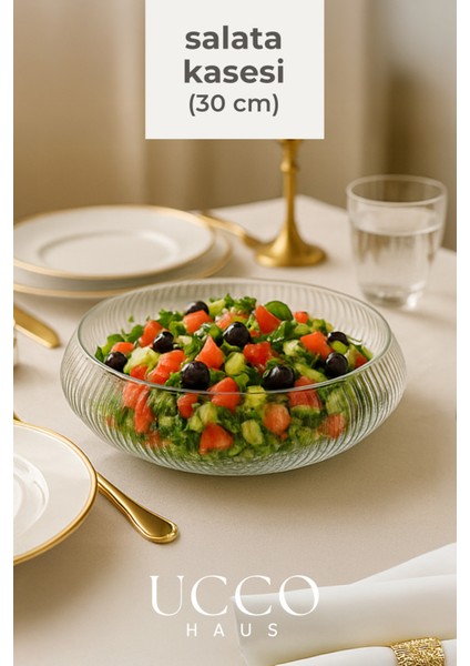 30 cm Büyük Boy El Yapımı Cam Salata Servis Kasesi Lüks Sunum Tabağı - Şık Sunumluk Tabak Cnv