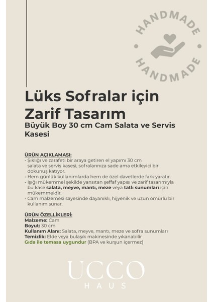 30 cm Büyük Boy El Yapımı Cam Salata Servis Kasesi Lüks Sunum Tabağı - Şık Sunumluk Tabak Cnv