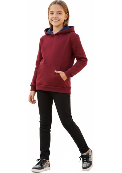 Kız Çocuk Bordo Kapüşonlu Cepli 3 İplik Sweatshirt BGL-ST04998