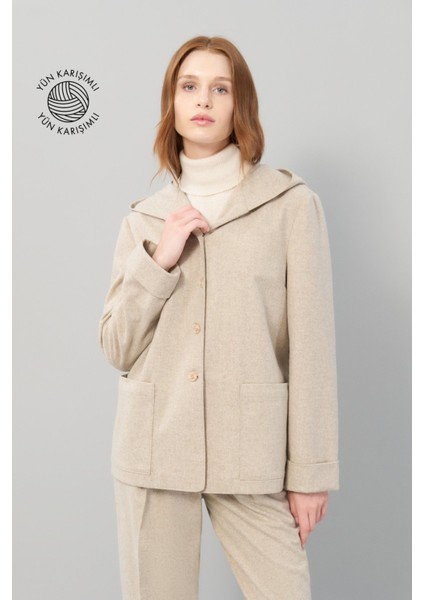 Kapüşonlu Çift Cepli Yün Kaban Bej K2519002_024 indirimleri