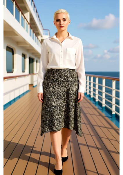 Kadın Asimetrik Midi Etek Yüksek Bel Örme Hayvan Desenli Fonksiyonel Dayanıklı Kaliteli Şık