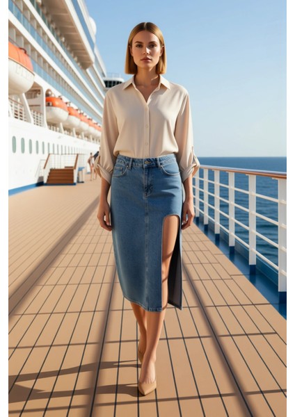 Kadın Yırtmaçlı Midi Denim Etek Yüksek Bel Kalem Kalıp Düz Desen Fonksiyonel Dayanıklı Şık