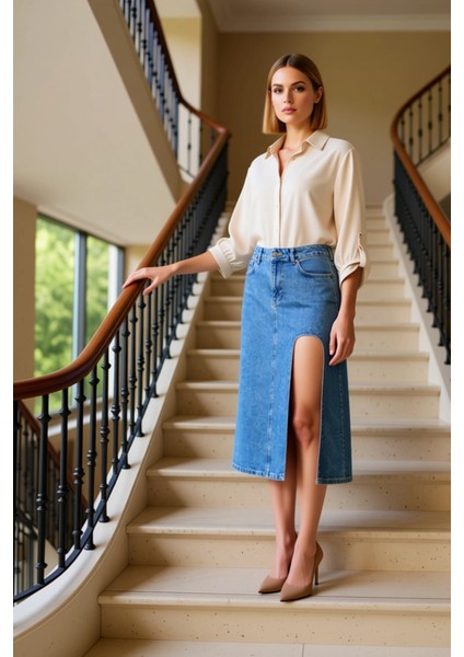 Kadın Yırtmaçlı Midi Denim Etek Yüksek Bel Kalem Kalıp Düz Desen Fonksiyonel Dayanıklı Şık fiyatları