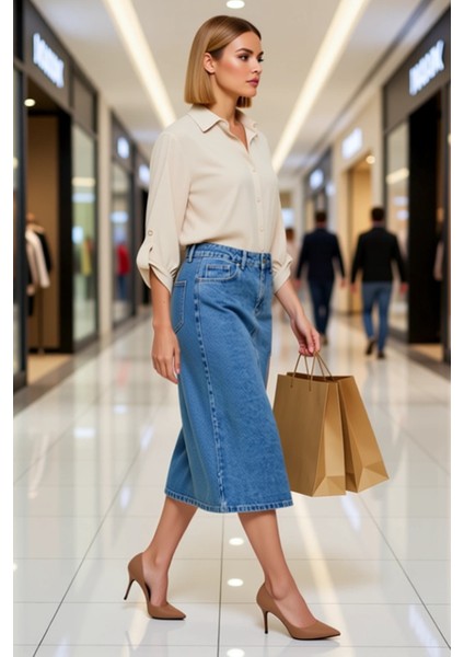 Kadın Yırtmaçlı Midi Denim Etek Yüksek Bel Kalem Kalıp Düz Desen Fonksiyonel Dayanıklı Şık modelleri