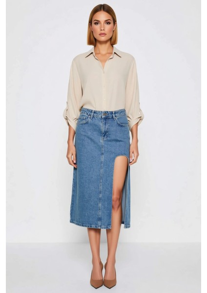 Kadın Yırtmaçlı Midi Denim Etek Yüksek Bel Kalem Kalıp Düz Desen Fonksiyonel Dayanıklı Şık fırsatları