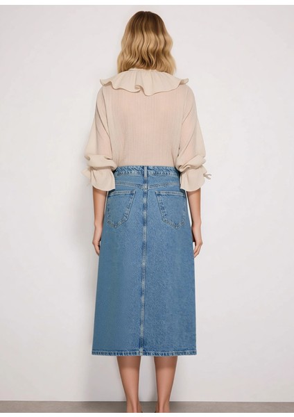 Kadın Yırtmaçlı Midi Denim Etek Yüksek Bel Kalem Kalıp Düz Desen Fonksiyonel Dayanıklı Şık indirimleri