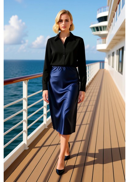 Kadın Midi A Kesim Etek Düz Desen %95 Polyester %5 Elastan Fonksiyonel Dayanıklı Kaliteli Şık