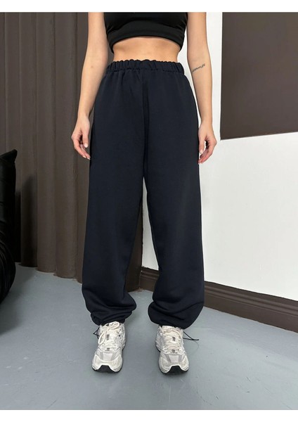 Kadın Yüksek Bel Ekstra Bol Kalıp Ayarlanabilir Paça Arkası Cepli 3iplik Kışlık Pantolon