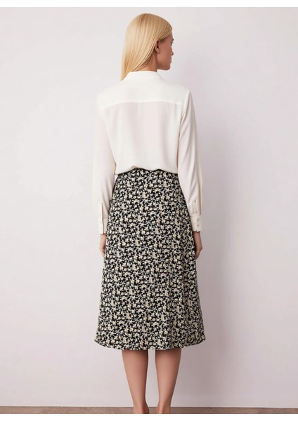Kadın Çiçek Desenli Yırtmaçlı Midi Dokuma Etek Yüksek Bel A Kesim %100 Viskoz Fonksiyonel Şık indirimleri