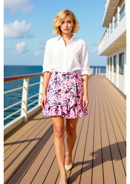 Kadın Çiçekli Fırfırlı Mini Etek Normal Bel Fonksiyonel Dayanıklı Kaliteli Konforlu Modern