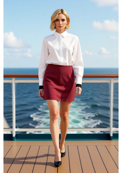 Kadın Yüksek Bel A Kesim Mini Dokuma Etek Düz Desen Gabardin Kumaş Fonksiyonel Dayanıklı Şık