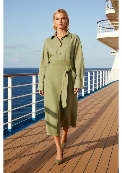 Kadın %100 Keten Midi Etek Bağlamalı Kalem Kalıp Fonksiyonel Dayanıklı Kaliteli Konforlu Şık