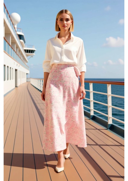 Kadın Çiçek Desenli Kruvaze Maxi Etek Yüksek Bel Kemer Detaylı Fonksiyonel Dayanıklı Rahat