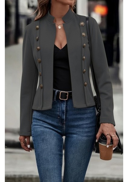 Nuvıraa Kadın Uzun Kollu Hakim Yaka Yanlardan Düğmeli Kısa Süet Ceket modelleri